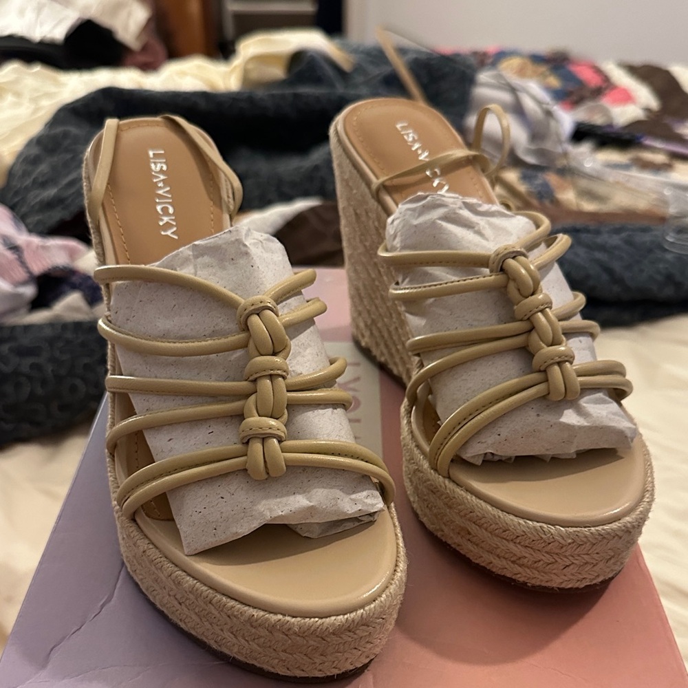 LisaVicky Beige Espadrille Wedge Sandals